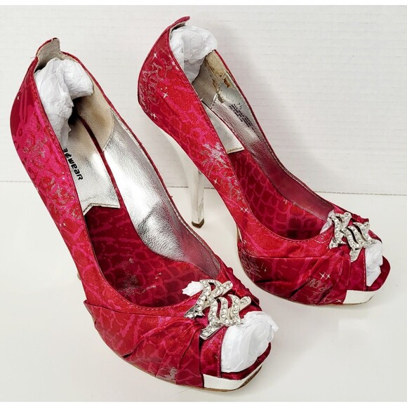 VTG ROCAWEAR Pretti Rhinestones Platform Peep Toe Stiletto Pink/Silver Heel 7.5 - Picture 1 of 11